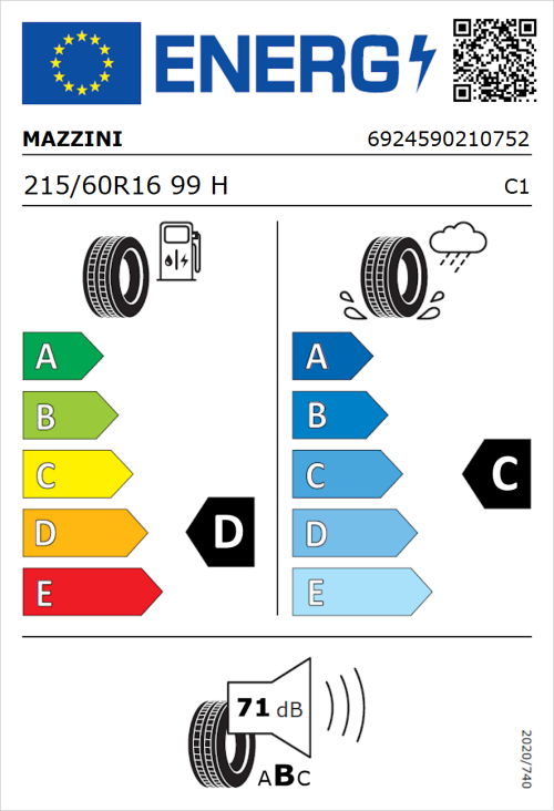 Tyre Label for Mazzini Ecosaver 215/60R16 99H