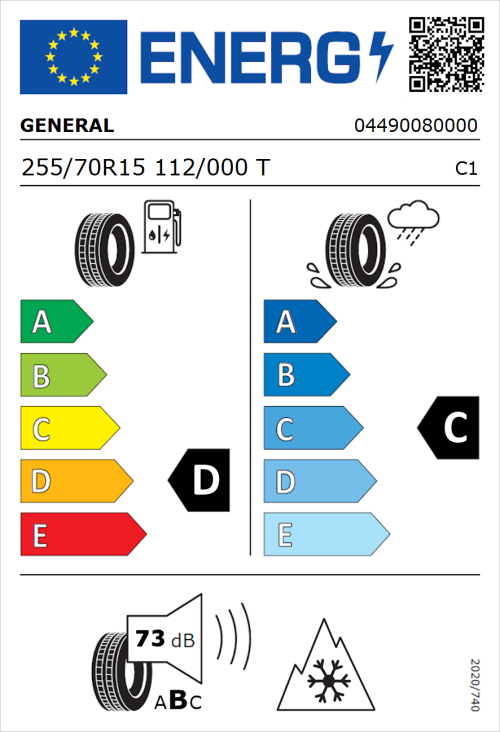 Tyre Label for General Grabber AT 3 255/70R15 112/000T