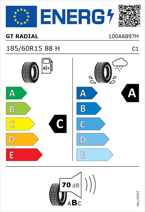 Tyre Label for GT Radial FE2 185/60R15 88H