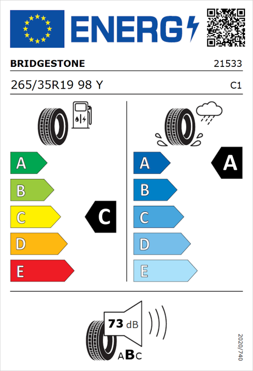Tyre Label for Bridgestone Potenza Sport 265/35R19 98Y