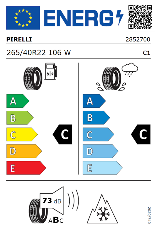 Tyre Label for Pirelli Scorpion Winter 265/40R22 106W