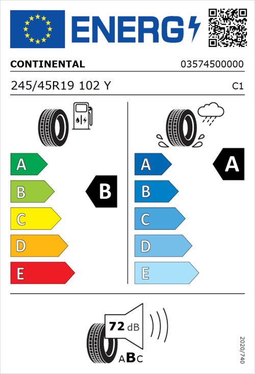 Tyre Label for Continental PremiumContact 6 245/45R19 102Y