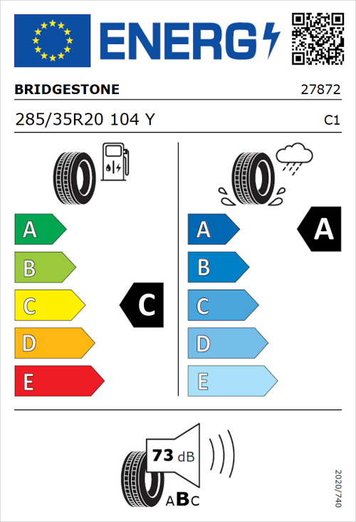 Tyre Label for Bridgestone Potenza Sport 285/35R20 104Y