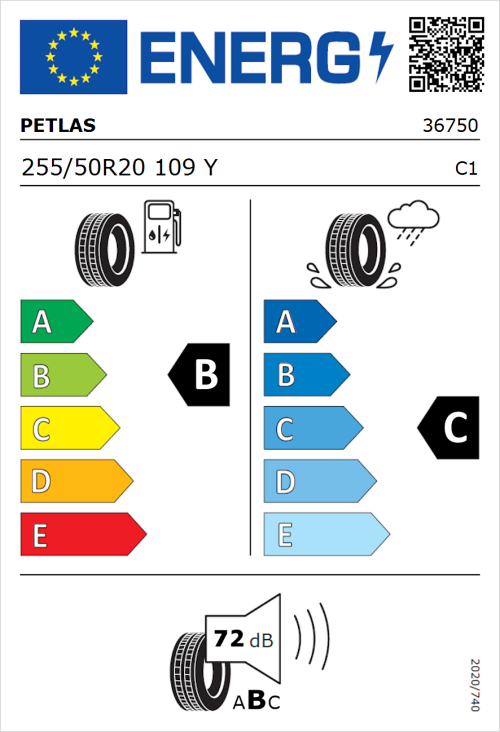 Tyre Label for Petlas Explero PT431 H/T 255/50R20 109Y