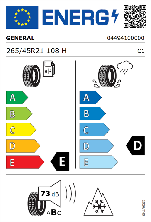 Tyre Label for General Grabber AT 3 265/45R21 108H