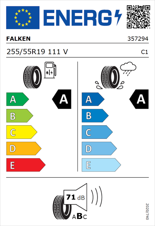 Tyre Label for Falken E.Ziex 255/55R19 111V
