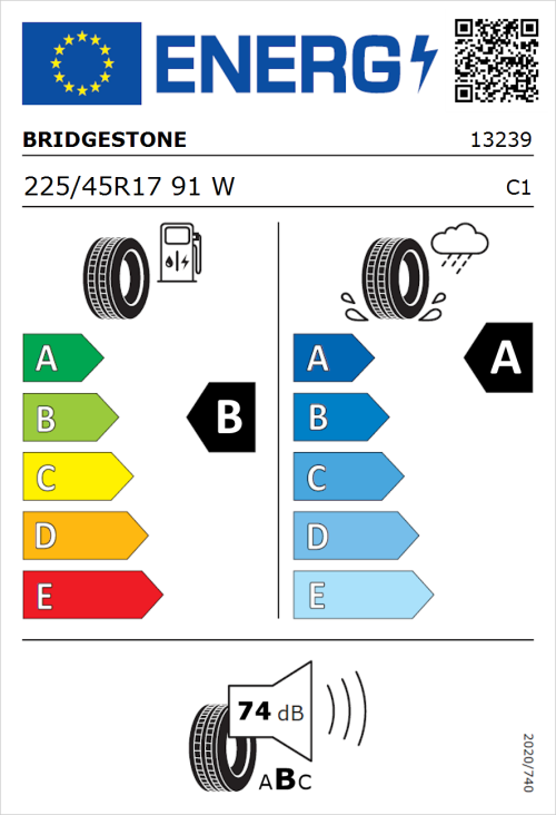 Tyre Label for Bridgestone Turanza T005 225/45R17 91W