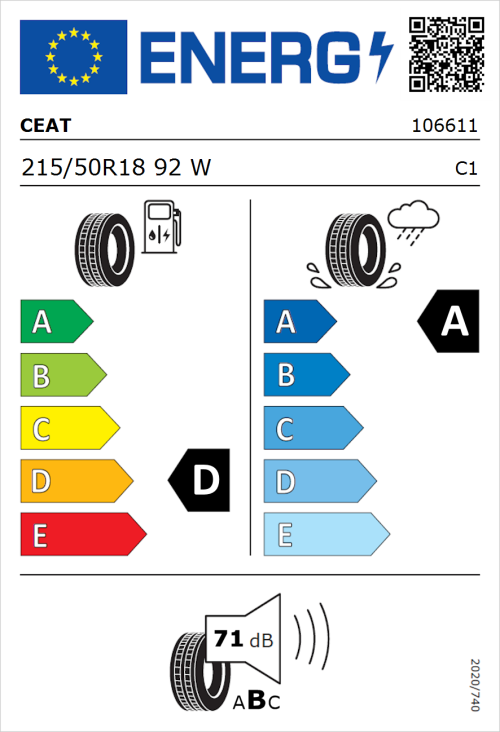 Tyre Label for CEAT SportDrive 215/50R18 92W