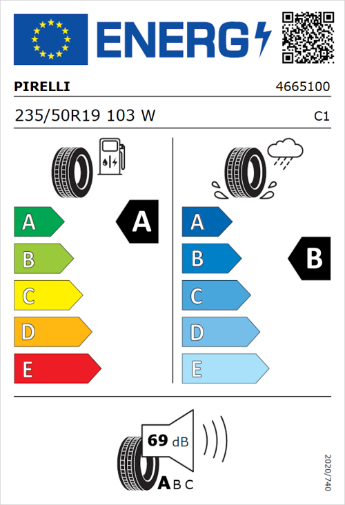 Tyre Label for Pirelli Powergy 2 235/50R19 103W