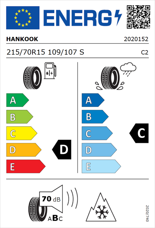 Tyre Label for Hankook Vantra LT RA18 215/70R15 109/107S