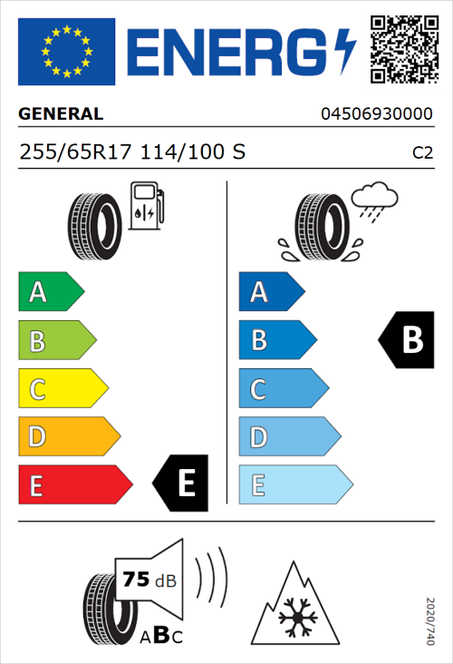 Tyre Label for General Grabber AT 3 255/65R17 114/100S