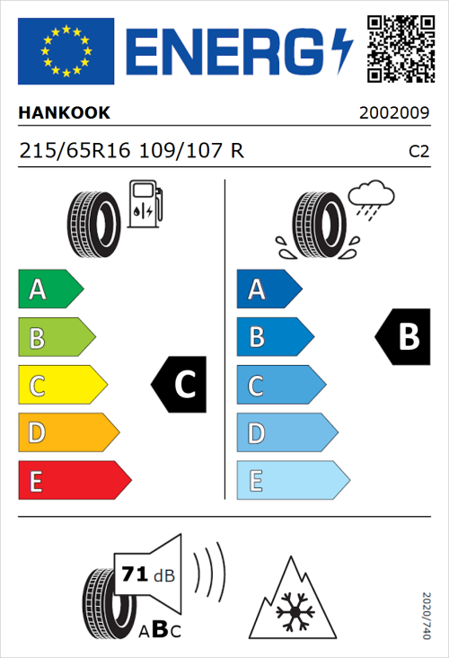 Tyre Label for Hankook Vantra LT RA18 215/65R16 109/107R